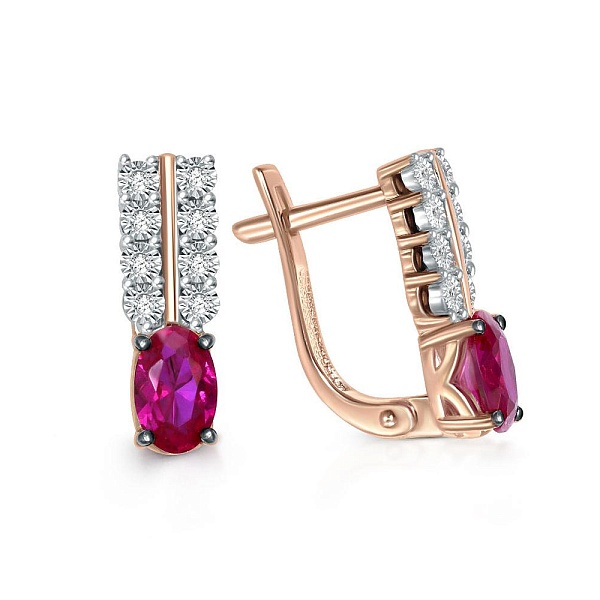Серьги из красного золота с 2 корундами и 16 фианитами