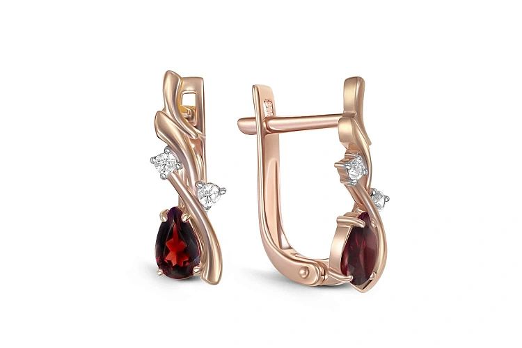 Серьги из красного золота с 2 гранатами и 4 фианитами