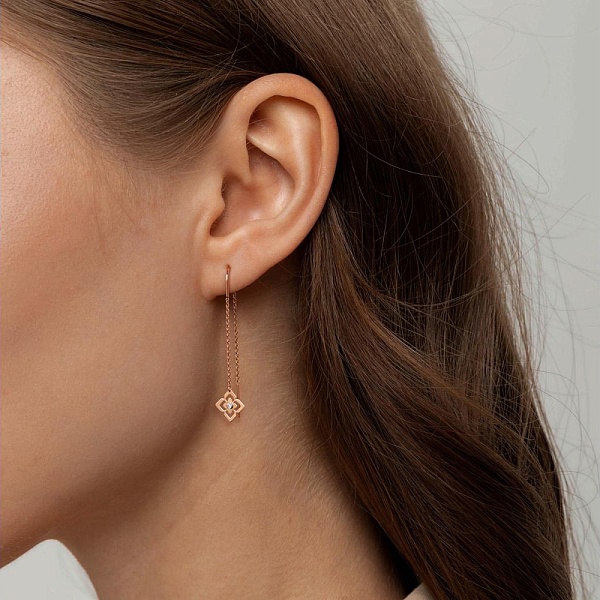 Серьги-продёвки из красного золота с 2 бриллиантами