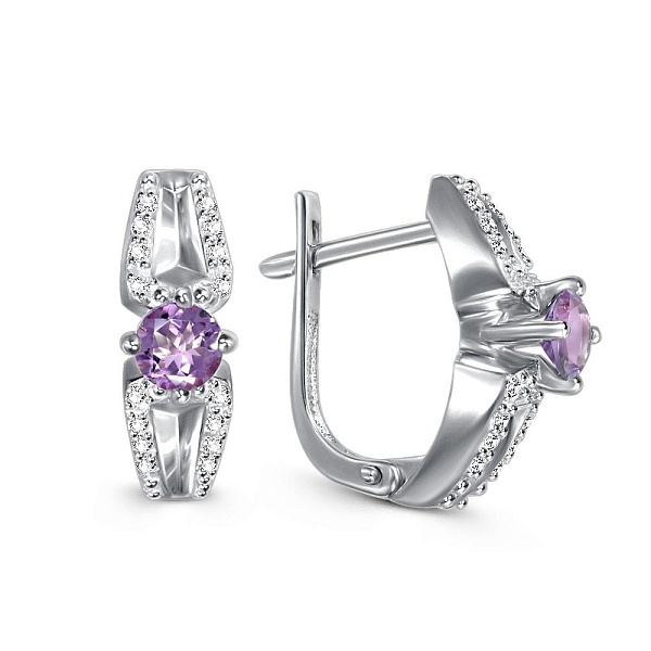 Серьги из белого золота с 2 аметистами и 32 фианитами