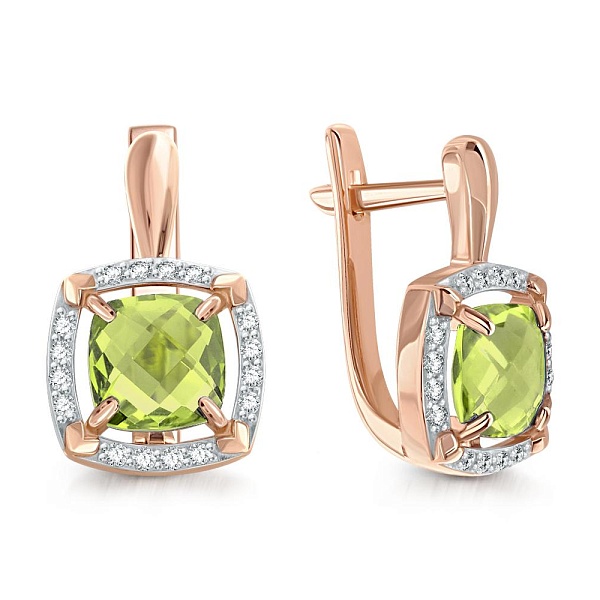 Серьги из красного золота с 2 хризолитами и 32 фианитами