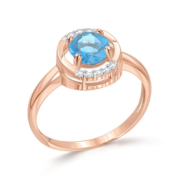 Кольцо из красного золота с топазом swiss и 10 фианитами