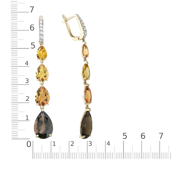 Серьги из жёлтого золота с раухтопазами, цитринами и фианитами