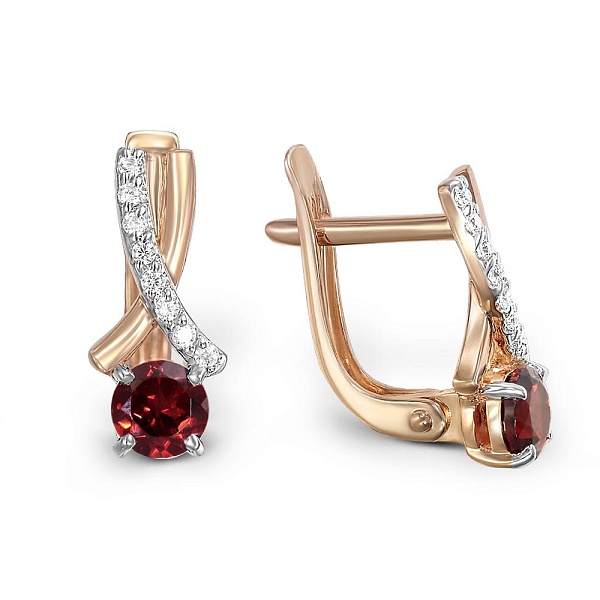 Серьги из красного золота с 2 гранатами и 16 фианитами