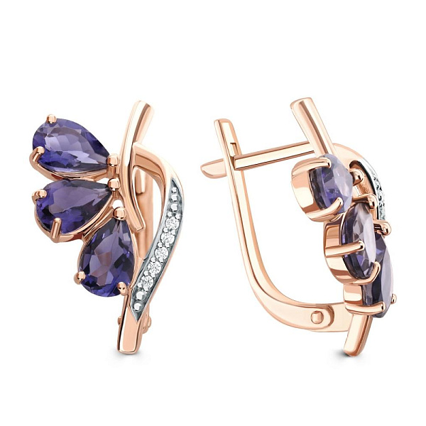 Серьги из красного золота с 6 иолитами и 10 фианитами