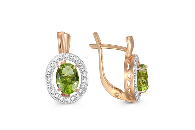 Серьги из красного золота с 2 хризолитами и 44 фианитами