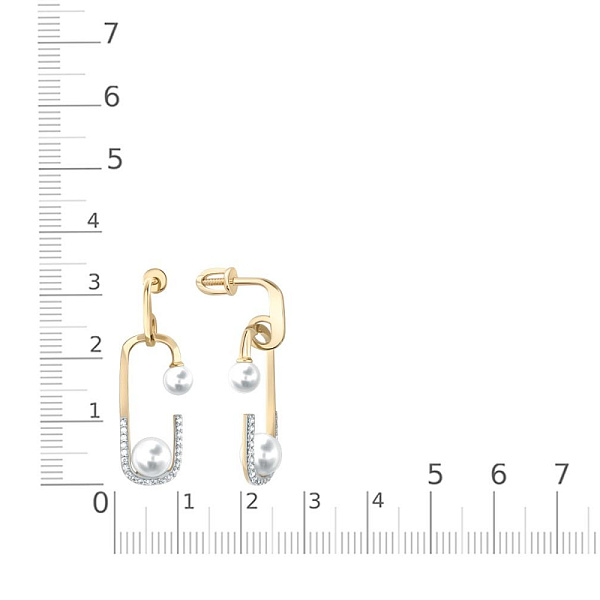 Серьги-пусеты из жёлтого золота с 4 жемчужинами и 44 фианитами