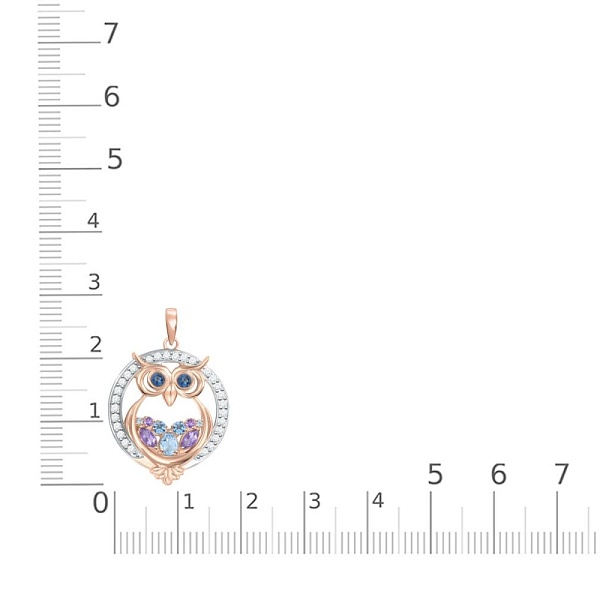 Подвеска Сова из красного золота с аметистами, топазами sky и топазами swiss