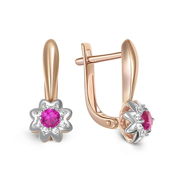 Серьги Цветы из красного золота с 2 корундами и 16 бриллиантами