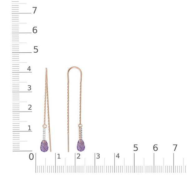 Серьги-продёвки из красного золота с 2 аметистами и 10 фианитами