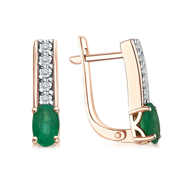 Серьги из красного золота с 2 изумрудами и 10 бриллиантами