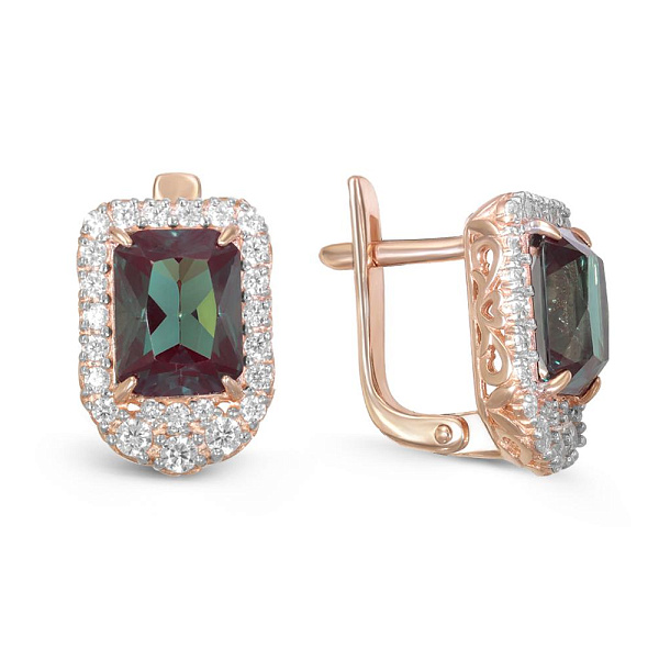 Серьги из красного золота с 2 александритами и 48 фианитами