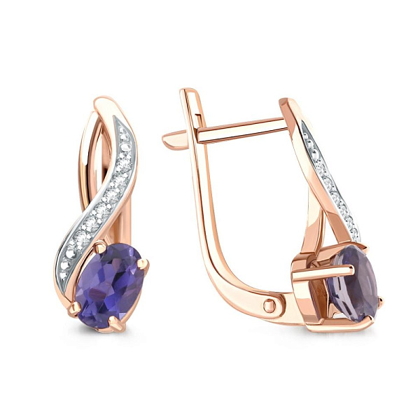 Серьги из красного золота с 2 иолитами и 12 фианитами