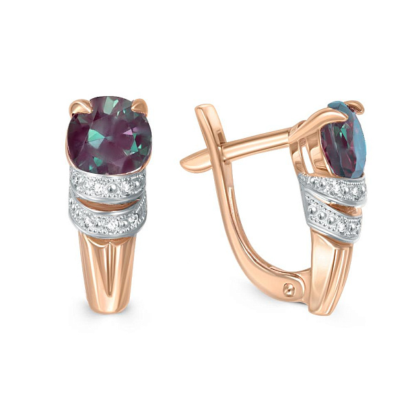 Серьги из красного золота с 2 александритами и 14 фианитами