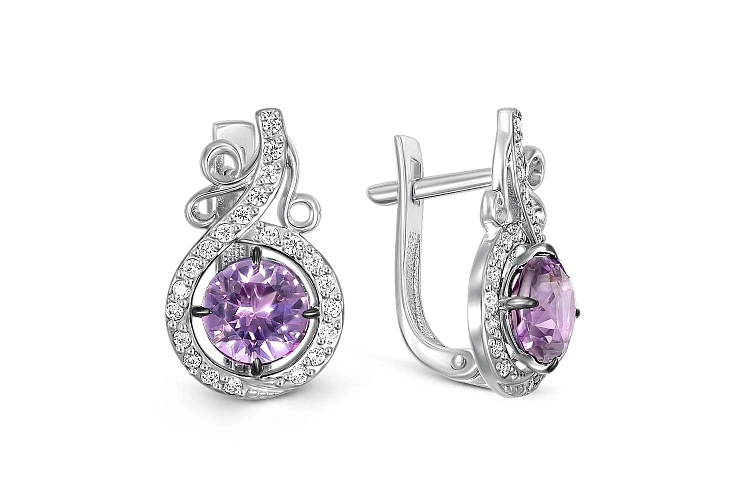 Серьги из белого золота с 2 аметистами и 44 фианитами