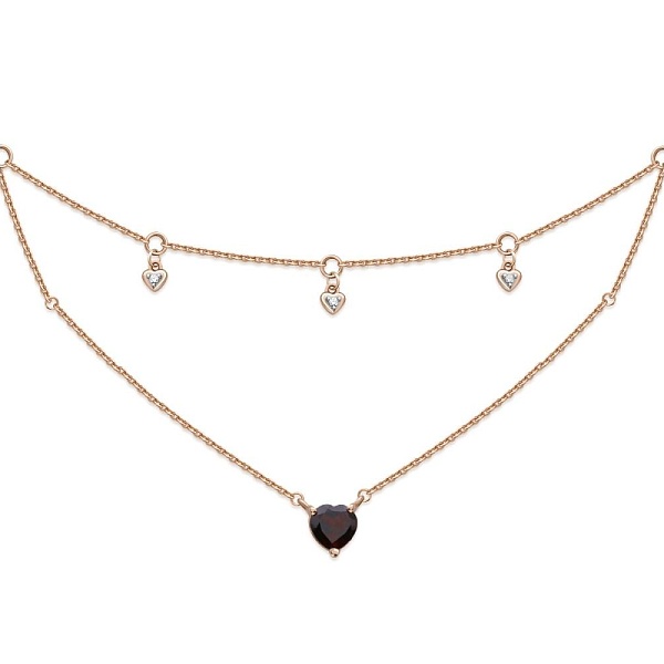 Колье Сердце из красного золота с гранатом и 3 фианитами