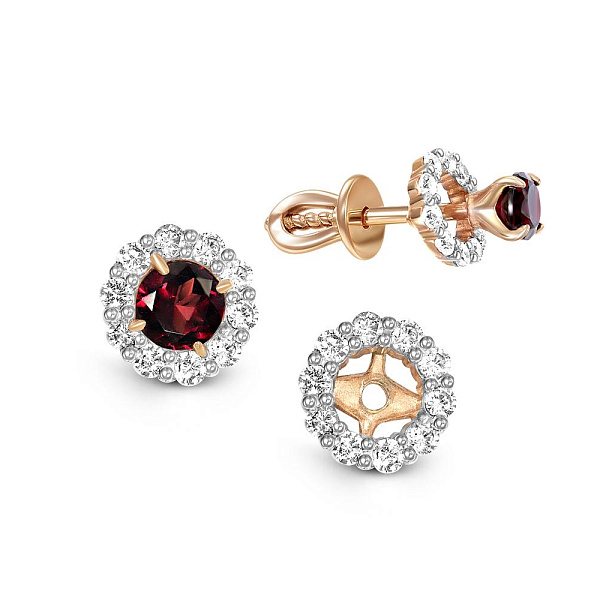 Серьги-пусеты из красного золота с 2 гранатами и 20 фианитами