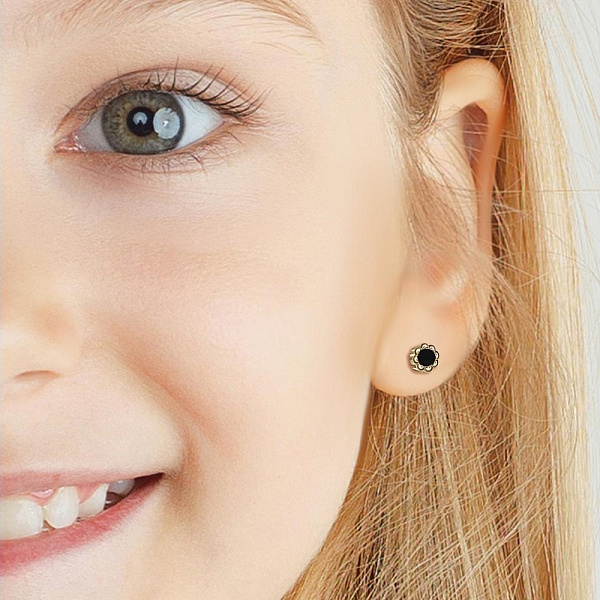 Детские серьги-пусеты Цветы из жёлтого золота с 2 ониксами