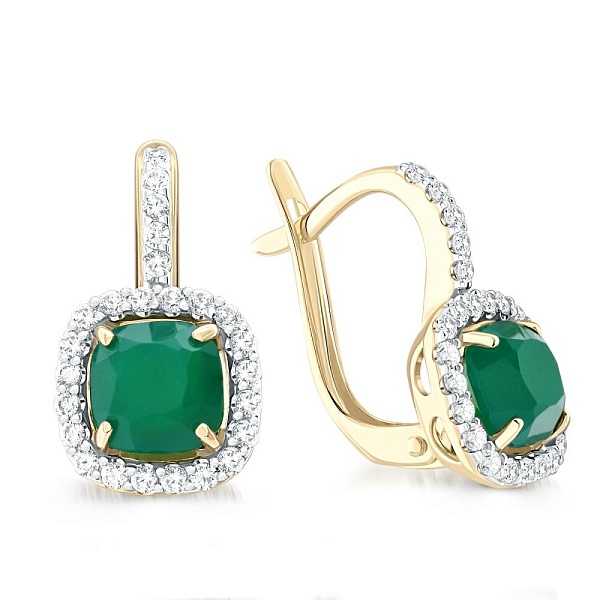 Серьги из жёлтого золота с 2 агатами и 50 фианитами