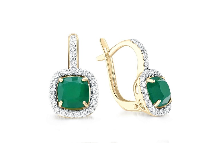 Серьги из жёлтого золота с 2 агатами и 50 фианитами