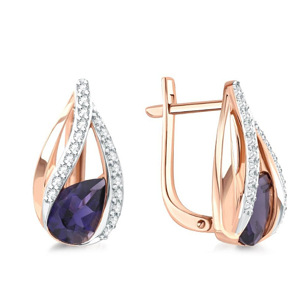 Серьги из красного золота с 2 иолитами и 40 фианитами