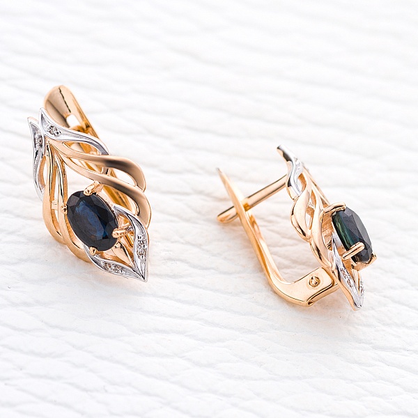 Серьги из красного золота с 2 сапфирами и 12 бриллиантами