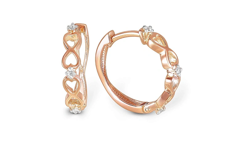 Серьги Сердца из красного золота с 6 фианитами