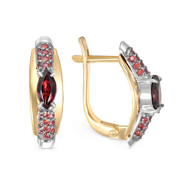 Серьги из жёлтого золота с 2 гранатами и 40 фианитами