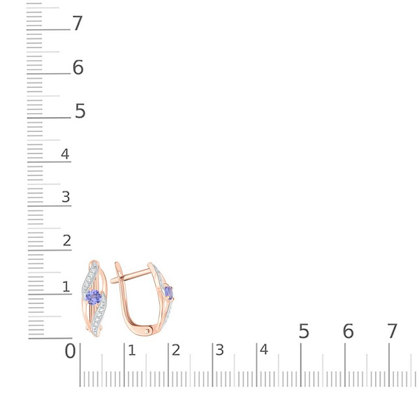 Серьги из красного золота с 2 танзанитами и 16 фианитами