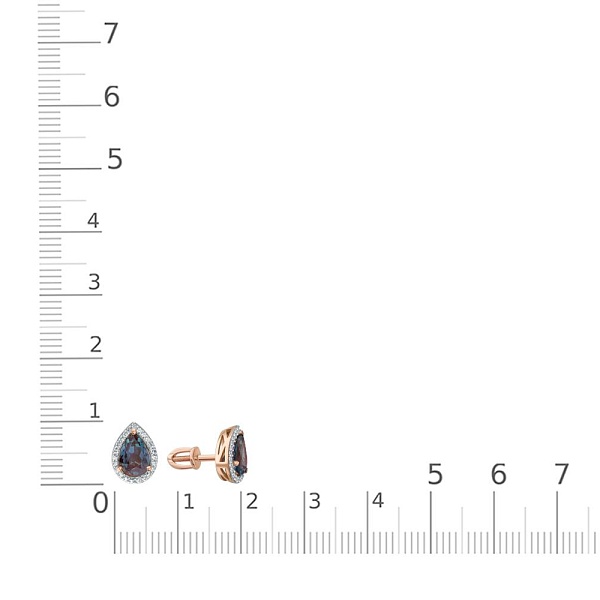 Серьги-пусеты из красного золота с 2 александритами и 46 фианитами