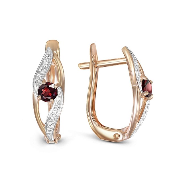 Серьги из красного золота с 2 гранатами и 16 фианитами