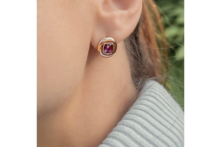 Серьги Круги из красного золота с 2 аметистами