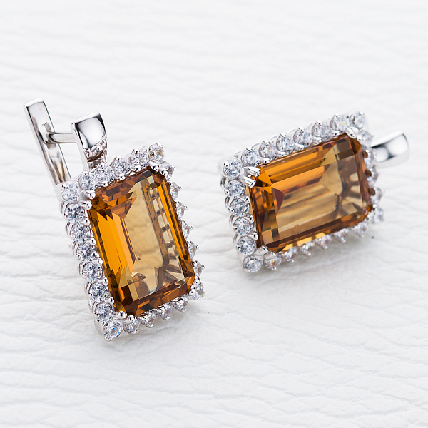 Серьги из белого золота с 2 султанитами и 48 фианитами