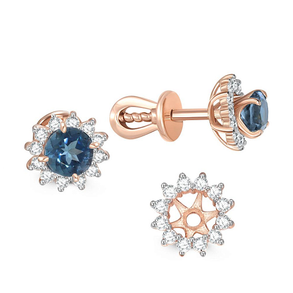 Серьги-пусеты из красного золота с 2 топазами лондон и 24 фианитами