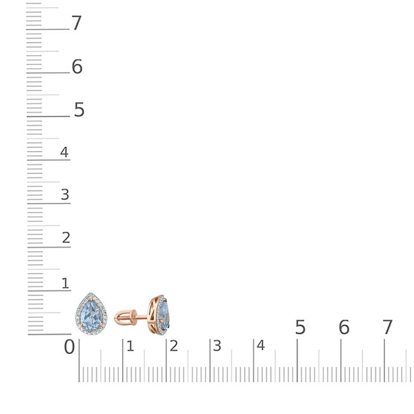 Серьги-пусеты из красного золота с 2 топазами sky и 46 фианитами