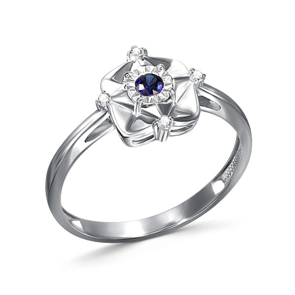 Кольцо из белого золота с корундом и 4 бриллиантами