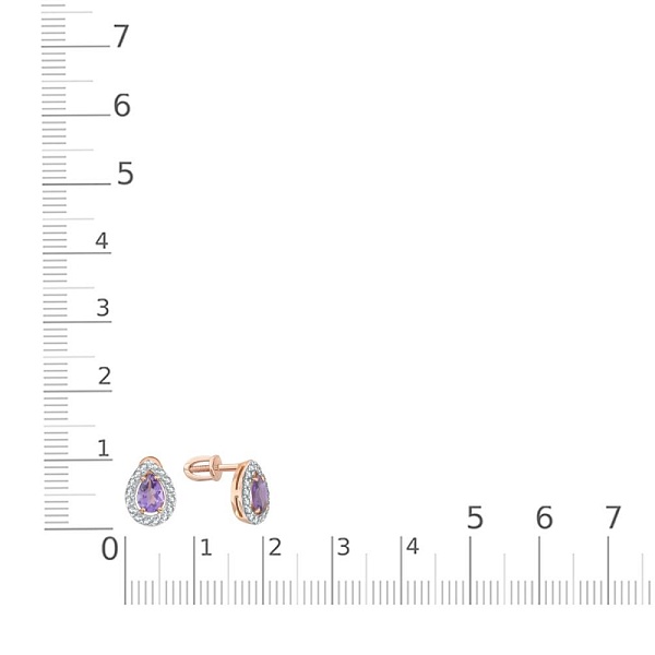 Серьги-пусеты из красного золота с 2 аметистами и 32 фианитами