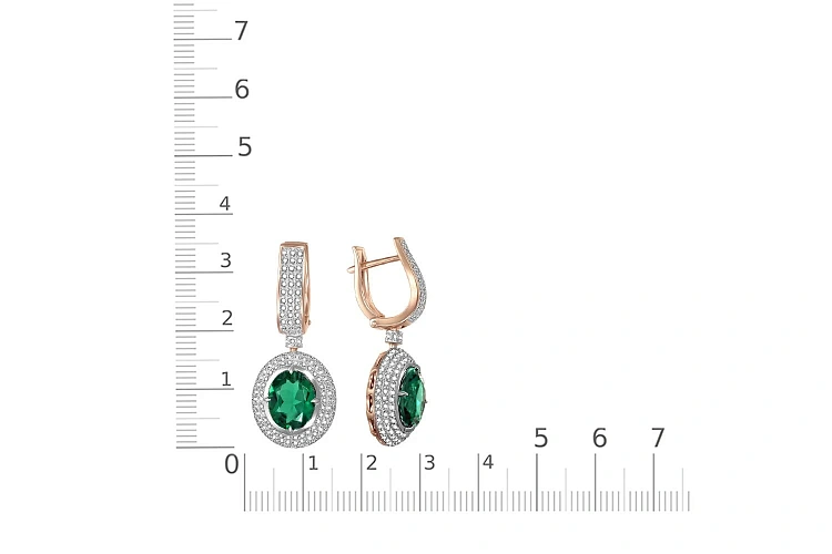 Серьги из красного золота с 2 изумрудами и 290 фианитами