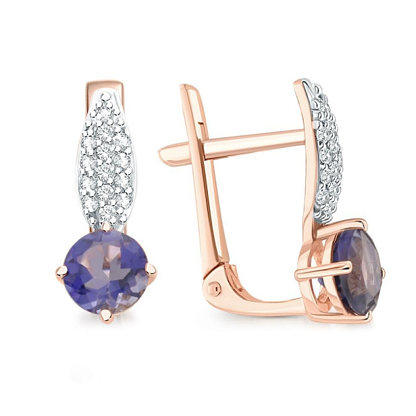 Серьги из красного золота с 2 иолитами и 28 фианитами