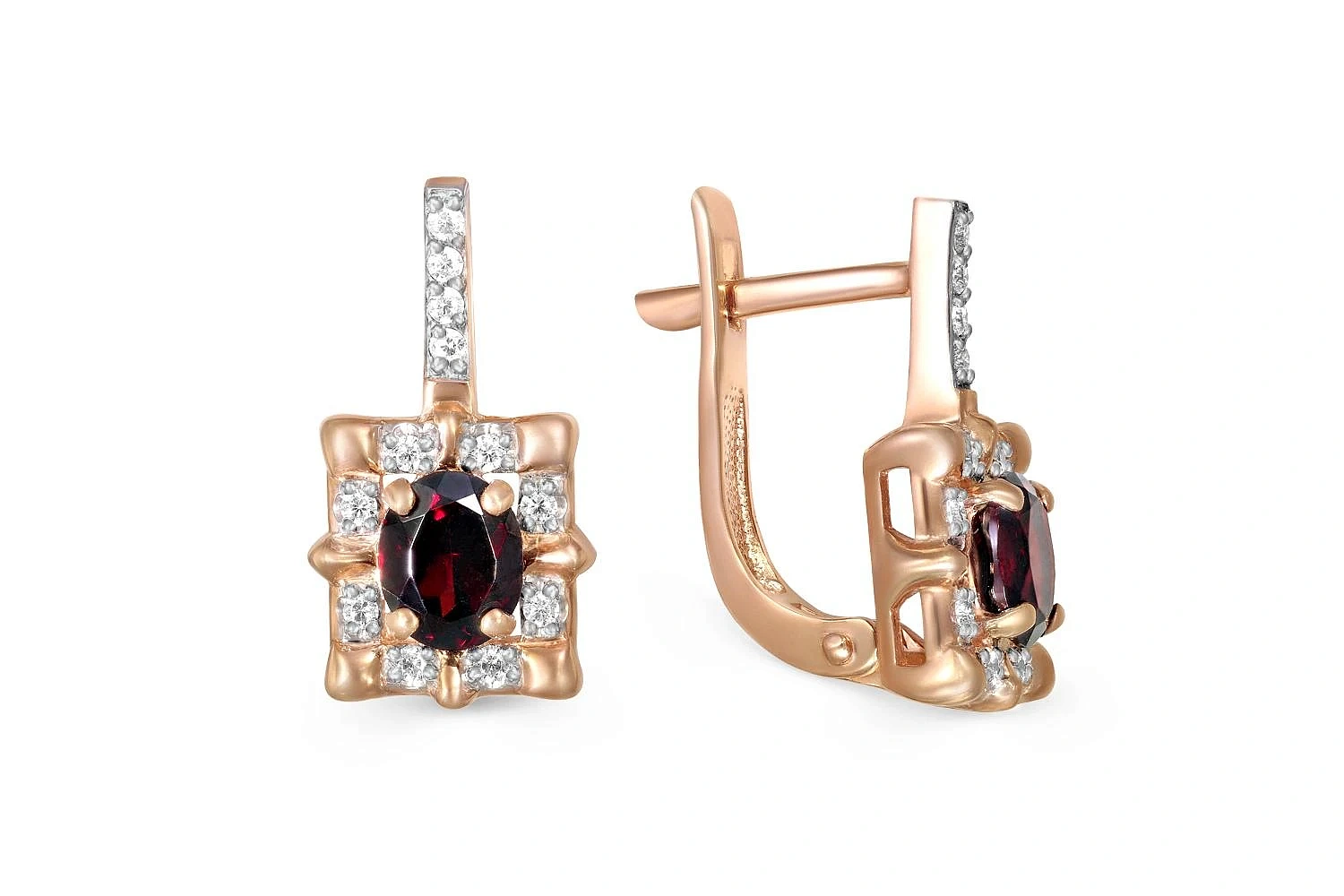 Серьги из красного золота с 2 гранатами и 32 фианитами