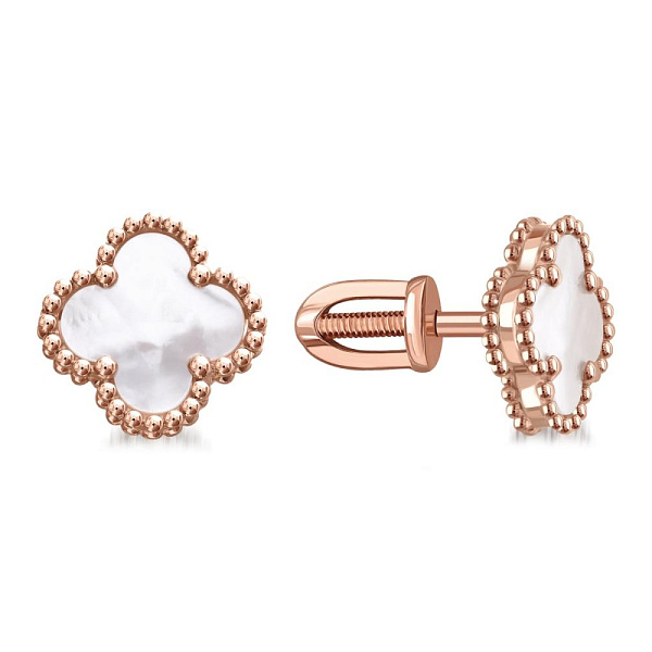 Серьги-пусеты Клевер из красного золота с перламутром