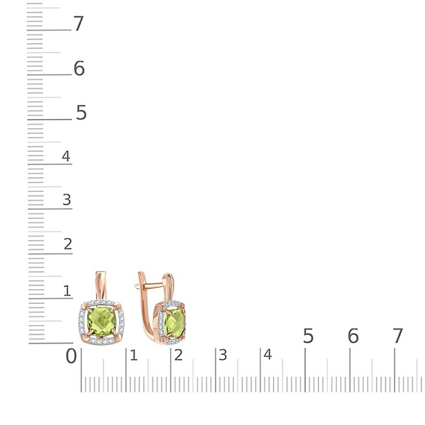 Серьги из красного золота с 2 хризолитами и 32 фианитами