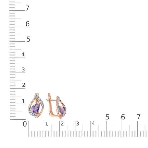 Серьги из красного золота с 2 аметистами и 14 фианитами