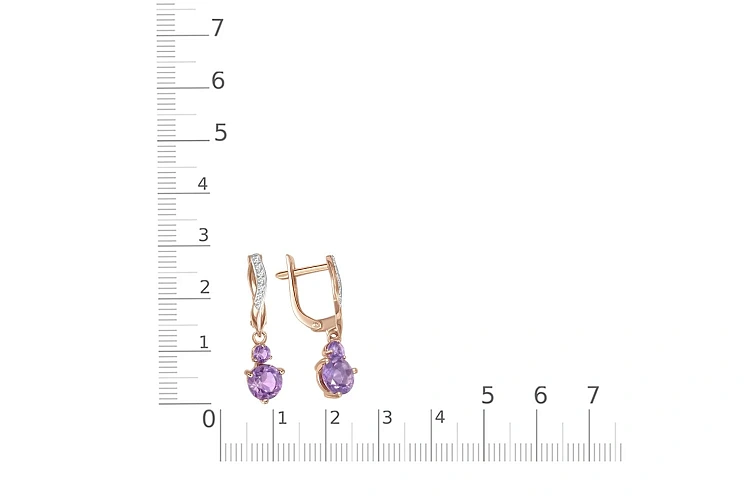 Серьги из красного золота с 4 аметистами и 14 фианитами