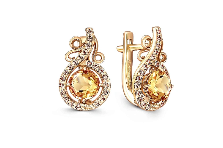 Серьги из жёлтого золота с 2 цитринами и 44 фианитами