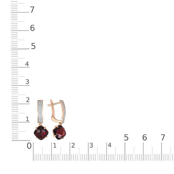 Серьги из красного золота с 2 гранатами и 44 фианитами