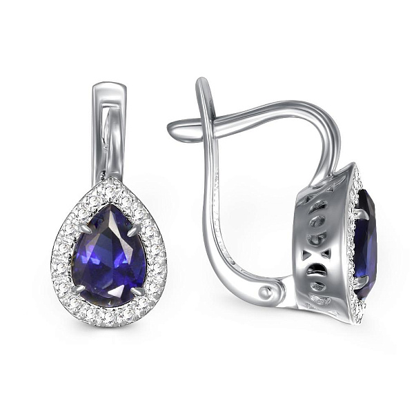 Серьги из белого золота с 2 корундами и 36 фианитами