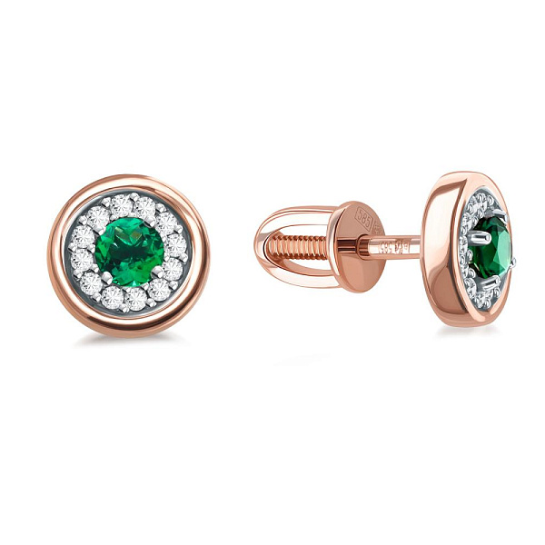 Серьги-пусеты из красного золота с 2 изумрудами и 24 бриллиантами