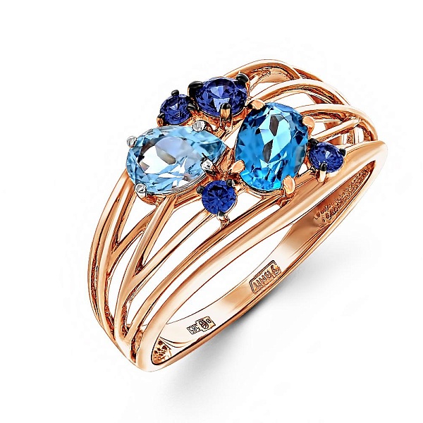 Кольцо из красного золота с топазом sky, топазом swiss и фианитами