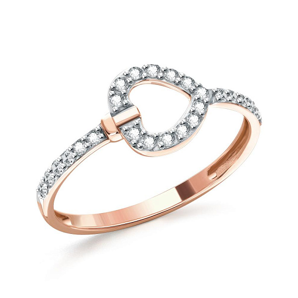 Кольцо Сердце из красного золота с 25 фианитами